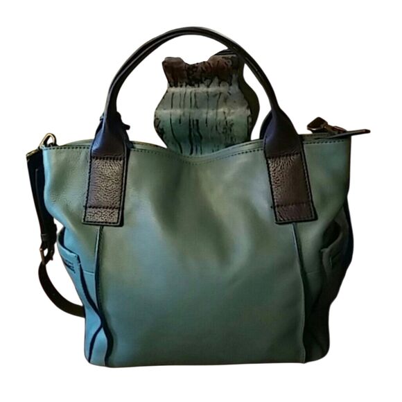 Fossil VTG Emerson Satchel Pebbeled Leather Handbag Shoilder Bag Seaglass/Brown - Picture 4 of 8